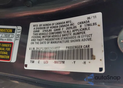 2012 Honda Civic Ex z USA, uszkodzony, nr VIN 2HGFG3B85CH504037